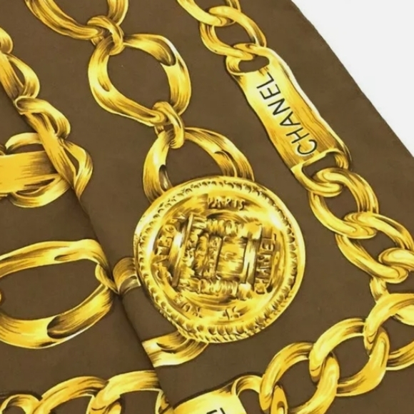 AUTHENTIC  CHANEL CC LOGO CHAIN SILK SCARF /A1092 - Picture 3 of 11